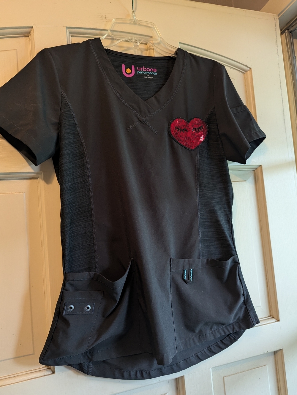 Urbane Performance Black Scrub Top with Sequin Heart